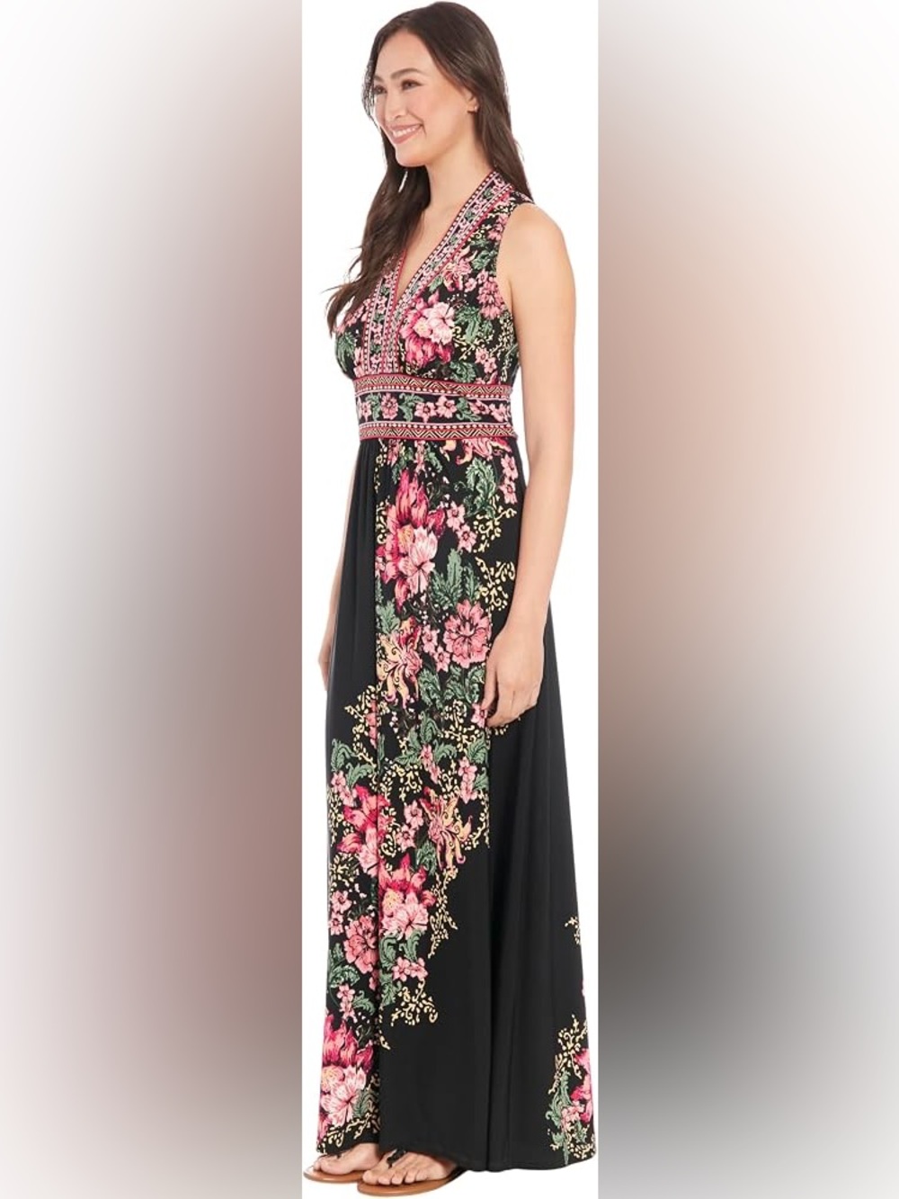 London Times Black Maxi Dress Pink Floral Print Size 14 Fall Resortwear stretchy